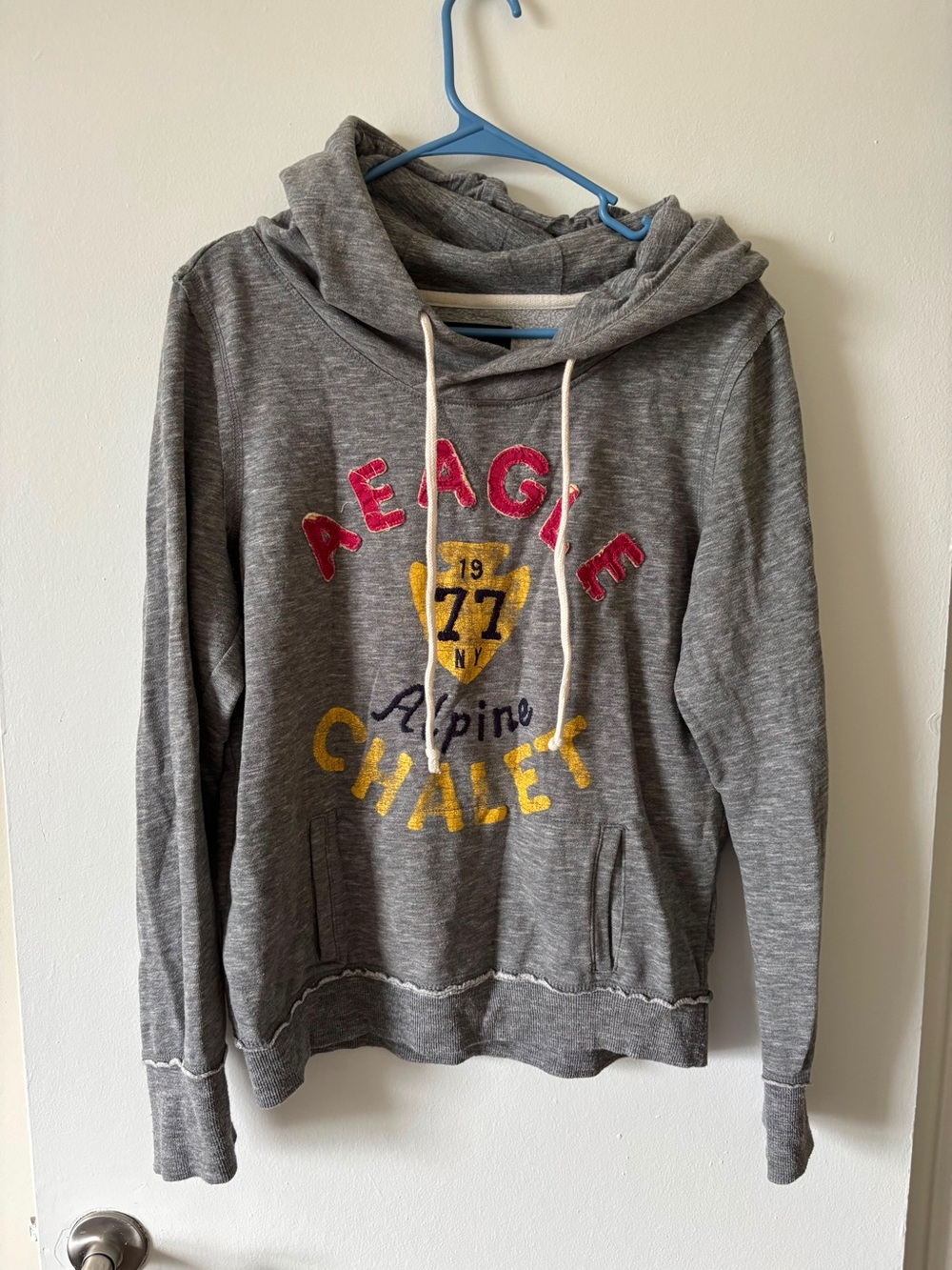 American Eagle Outfitters Gray Hoodie with Navy Label and Cream Trim